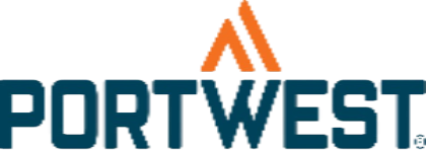 Portwest logo with blue text and orange triangle
